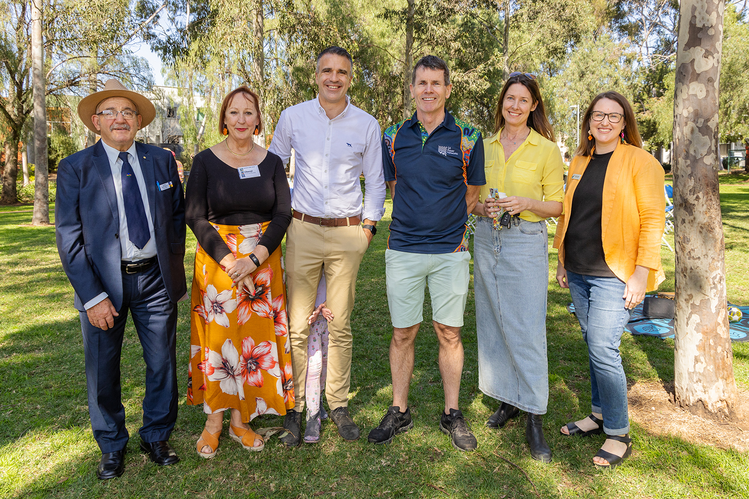 Cr Edgar Agius, City of Charles Sturt, Cheryl Jaeschke, Coordinator Hindmarsh Greening with Peter Malinauskas Premier of SA, Andrew Bills CEO SA Power Networks, Bridget Alfred CEO SALA Festival and CR Katriona Kinsella, City of Charles Sturt at the launch of Bowden Bird Walk Art Trail.